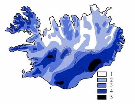 Précipitation moyenne de l'Islande