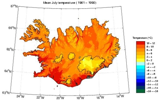 Température moyenne de l'Islande en Juillet