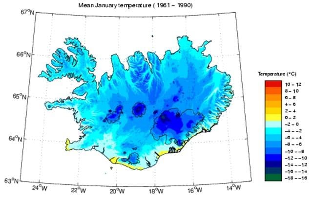 Température moyenne de l'Islande en janvier