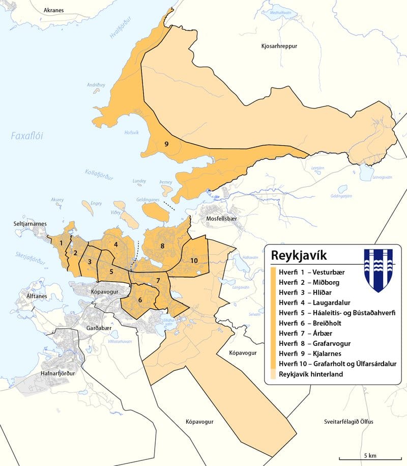 Carte administrative de la municipalité de Reykjavik