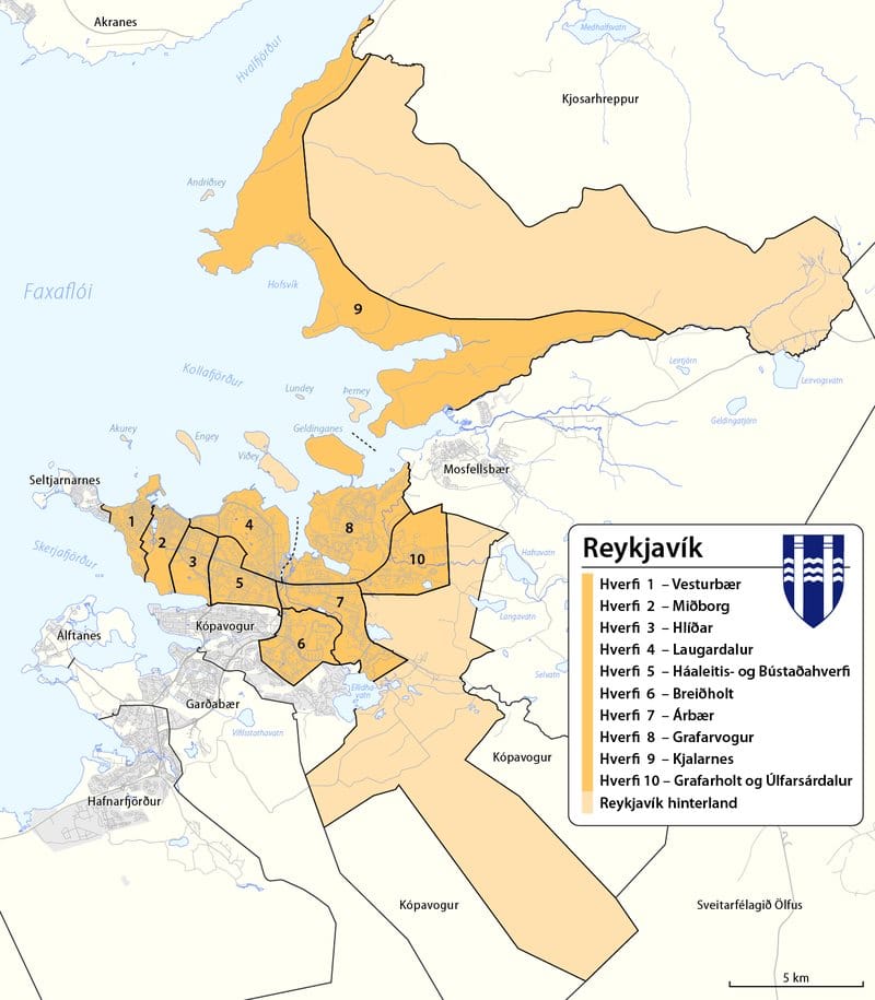 Plan de la ville de Reykjavik avec ses quartiers