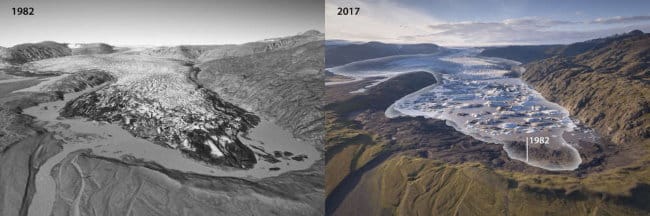 Avant et après la fonte des glaciers en Islande