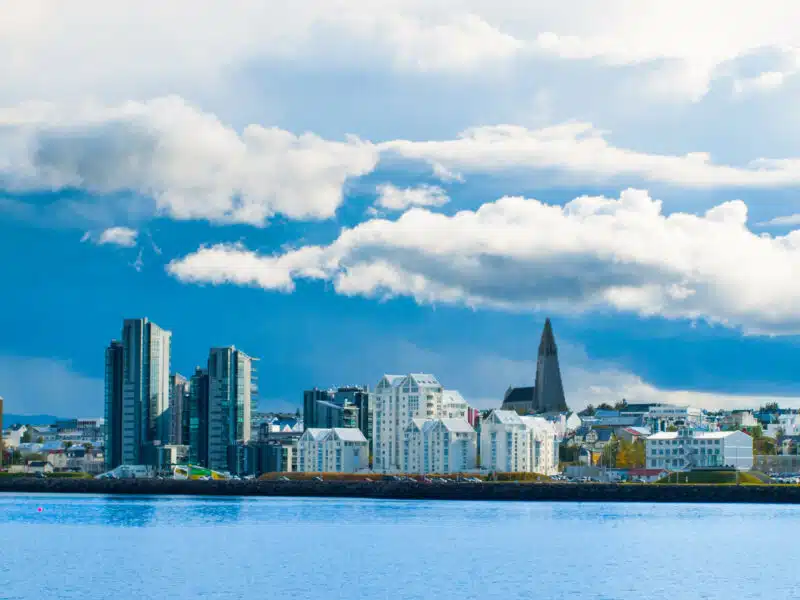 Reykjavik cityscape just before storm with dramatic clouds, Iceland